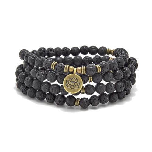 108 Natural Stone Mala Beads Yoga Bracelet with Lotus Charm - style: Lava