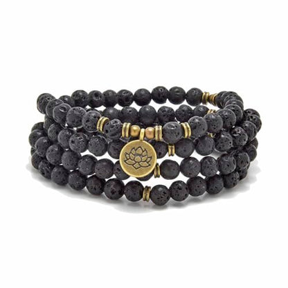 108 Natural Stone Mala Beads Yoga Bracelet with Lotus Charm - style: Lava