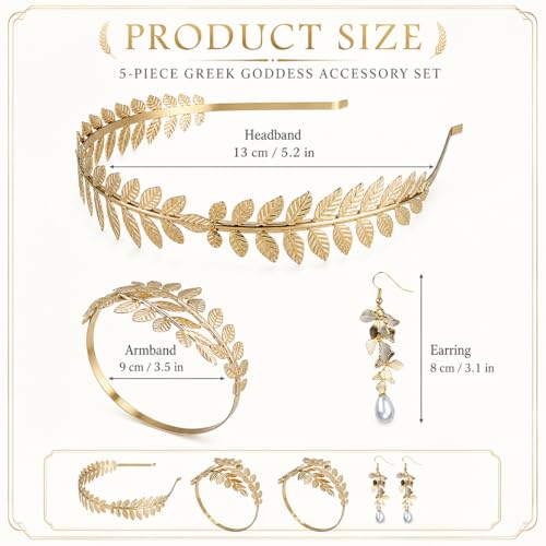 5PCS Greek Goddess Costume Accessories Set Gold Headband Laurel Wreath Headpiece with Armband and Earrings Toga Costume Woman Leaf Crown for Wedding Halloween Roman Toga Party