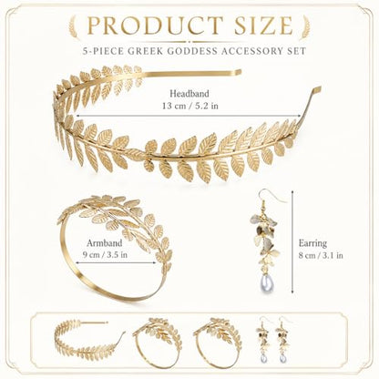 5PCS Greek Goddess Costume Accessories Set Gold Headband Laurel Wreath Headpiece with Armband and Earrings Toga Costume Woman Leaf Crown for Wedding Halloween Roman Toga Party