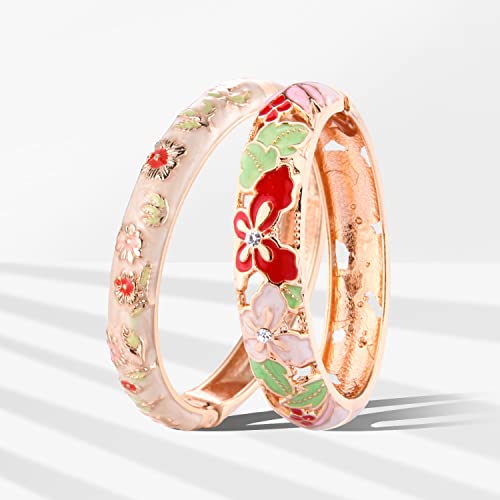 UJOY Fashion Cloisonne Bracelets Plated Butterfly Filigree Enameled Womens Gifts Bangles Spring Hinged 88A09 - color: 2 Pcs/Set-A09-Cream White