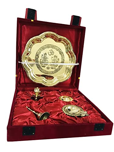Brass thali Set 5 pcs Pooja Brass bhog thali Set Embossed Laxmi Ganesha shubh labh Plate Puja Aarti thali Home Mandir Temple Accessory Spiritual Gifts karwa chauth Heart Red Velvet Box - 8.5 inch