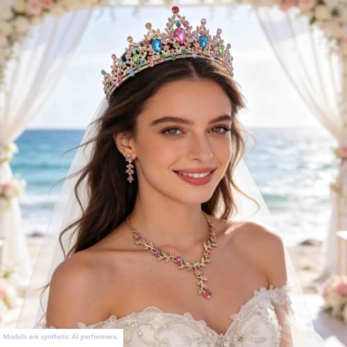 Kamirola Tiaras and Crowns for Women,Tiaras Earrings Necklace, Crystal Bridal Jewelry Set, Costume Party Halloween Prom Pageant Jewelry for Women(TR45) - color: Gold Mix Color