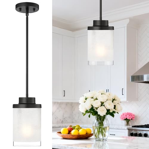 TENGXIN 6" Matte Black Pendant Lights Kitchen Island, Frosted Glass Shade - color: Matte Black, Linen Frosted Glass, size: 6"