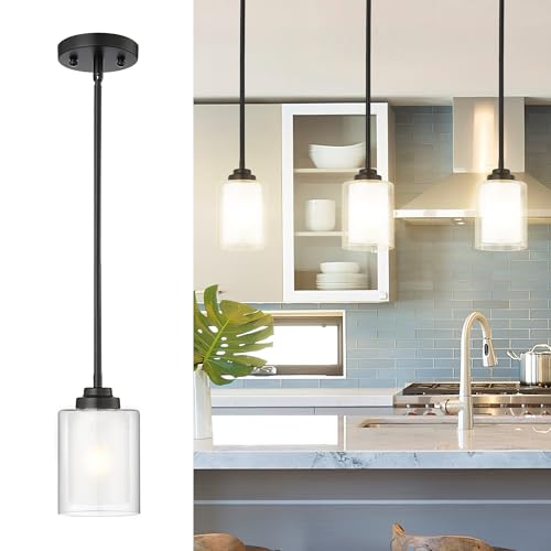 TENGXIN Matte Black Pendant Lights Kitchen Island, Dual Glass Shade - color: Matte Black, Dual Glass, size: 4"