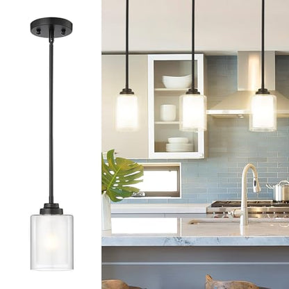 TENGXIN Matte Black Pendant Lights Kitchen Island, Dual Glass Shade - color: Matte Black, Dual Glass, size: 4"