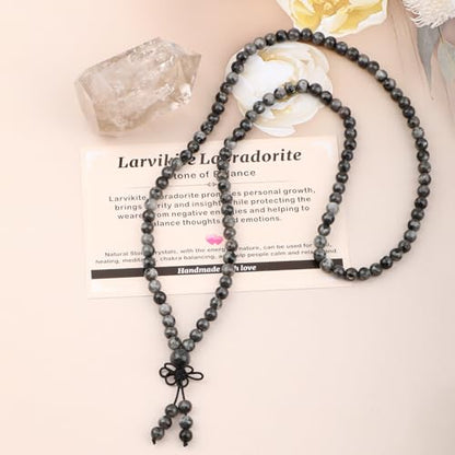 AD Beads 6mm 8mm 108 Prayer Mala Jasper Elastic Bracelet - Handmade Yoga Meditation Healing Power Energy Gifts for Unisex Adult. - color: Larvikite Labradorite(Balance )