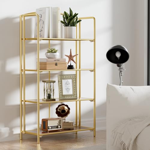 Crofy 4-Tier Wider Foldable Bookshelf, Gold Frame & Walnut Shelves - color: Gold Frame & Walnut Shelf, size: 4 Tier Wider