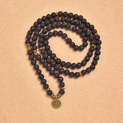 108 Natural Stone Mala Beads Yoga Bracelet with Lotus Charm - style: Lava