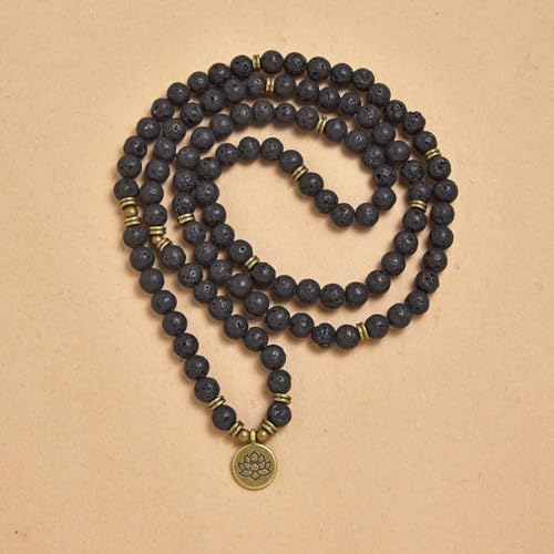 108 Natural Stone Mala Beads Yoga Bracelet with Lotus Charm - style: Lava