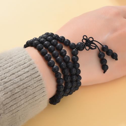 108 Mala Beads Stretch Bracelet 6mm Natural Gemstone Prayer Beaded Necklace - color: Black Lava