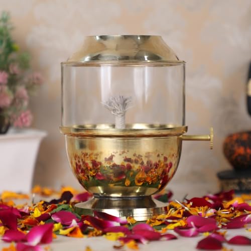 Pure Brass Akhand Jyot Diya with Borosilicate Glass Cover - Medium Size Adjustable Wick Lever 250ml Oil Capacity 48-Hour Burn Time Authentic Oil Lamp for Prayer and Meditation - Gold - size: Medium Without Plate