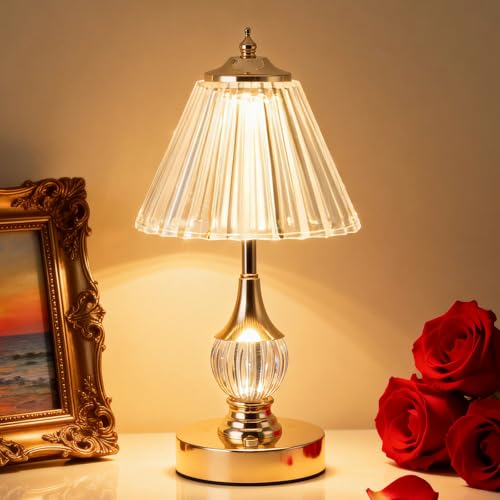 Gold Crystal Battery Operated Rechargeable Lamp Cordless, Pleated - color: Gold-Pleated