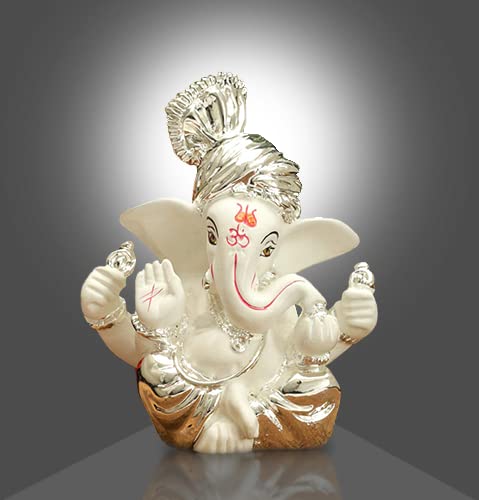 Pagdi Beautiful Murti Silver Plated Lord Ganesha for Car Dashboard Small Ganesh Idol Statue Figurine for Ganpati Puja Wedding Diwali Gifts Home Mandir Office Decor ( Size: 8 x 6 cm )