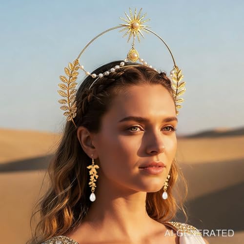 Sixexey Halo Crown Set Golden Greek Headband Earrings for Women