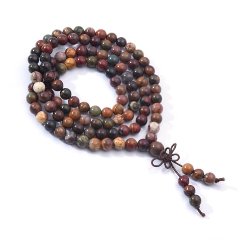 108 Mala Beads Stretch Bracelet 6mm Natural Gemstone Prayer Beaded Necklace - color: Picasso Jasper
