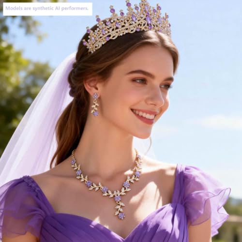 Kamirola Tiaras and Crowns for Women,Tiaras Earrings Necklace, Crystal Bridal Jewelry Set (TR48) - color: Gold Purple