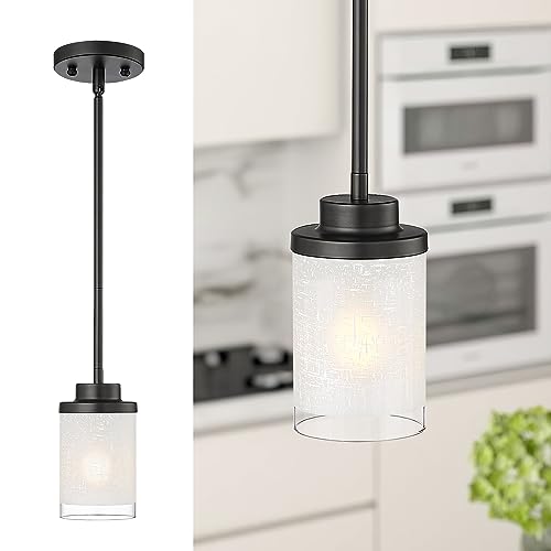 TENGXIN Matte Black Pendant Lights Kitchen Island, Frosted Glass Shade - color: Matte Black, Linen Frosted Glass, size: 4"