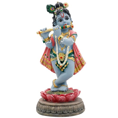 alikiki Hindu Krishna Idol Statue - 5.7”H Indian God Lord Krishna on Lotus Playing Flute India Murti Item Home Office Temple Mandir Shrine Altar Pooja Decor Diwali Puja Gifts for Indian Friends