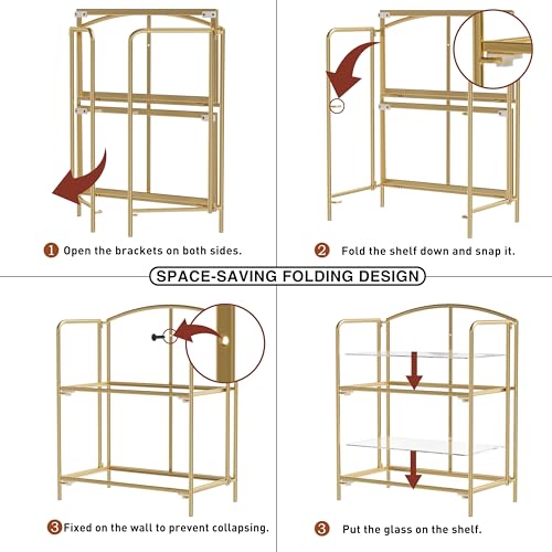 Crofy 2-Tier Foldable Bookshelf, Gold Frame & Transparent Shelves - color: Gold Frame & Transparent Shelf, size: 2 Tier