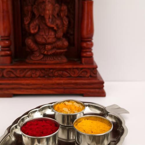 SHRIYA Stainless Steel Haldi Kumkum Holder with Attached 3 Containers – Leaf Shape Pooja Accessory for Haldi, Kumkum & Chandan – Decorative Indian Puja Item for Diwali, Housewarming & Gifting