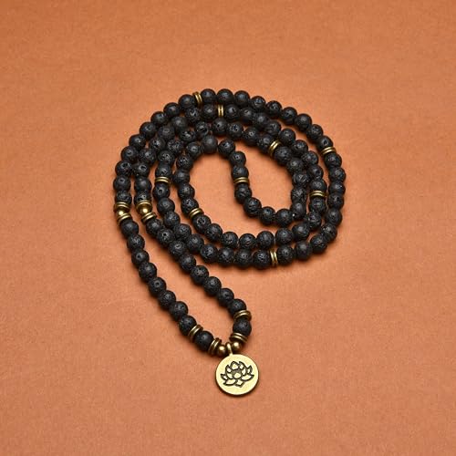 108 Healing Mala Beads Bracelet or Necklace with Gold Lotus Charm - style: Lava