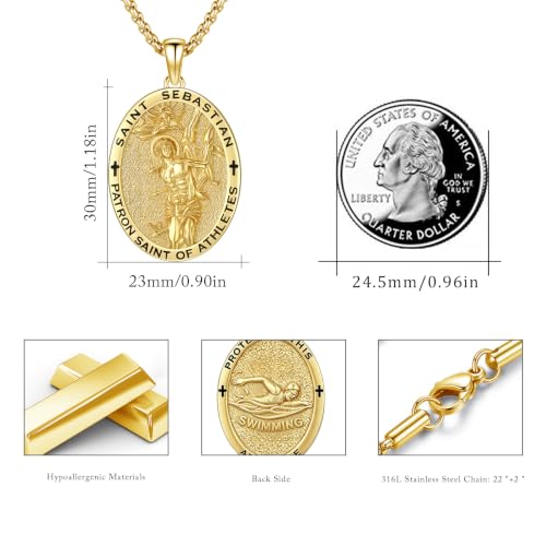 Silver/14K Gold Patron Saint Medal Amulet Necklace for Men Women - color: Gold, style: 26A-St Sebastian Swimming