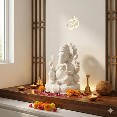 GrabM Marble Finish Ganesha Idol Ganpati Murti for Home Decor, Puja Room, Office Desk – Lord Ganesh Statue for Temple, Spiritual Gift, Housewarming, Diwali Decoration