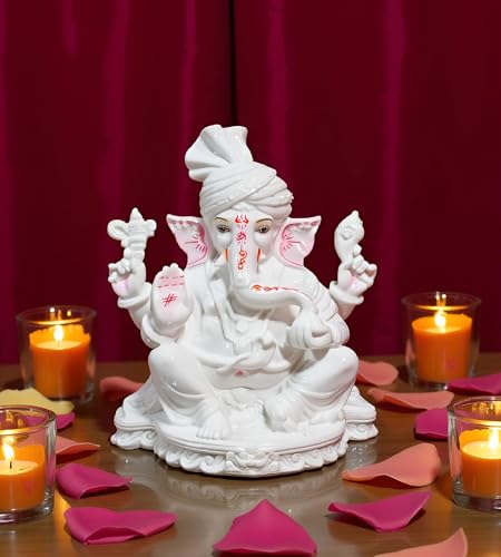 11 Inch White Marble Dust Lord Ganesha Vinayaka Vignesha Idol with Peta Home Decor Statue Figurine Murti Showpiece K4774 - size: Model 1 - 11 Inch