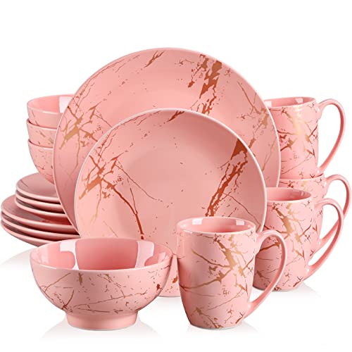 LOVECASA Pink Dinnerware Set for 4, 16 Piece Porcelain Dish With Plates, Bowls and Mugs, Gold Splash Glaze Round Modern Ceramic Dinner Set, Dishwasher Microwave Safe - color: Pink_Gold, size: 16 Piece (Service for 4)
