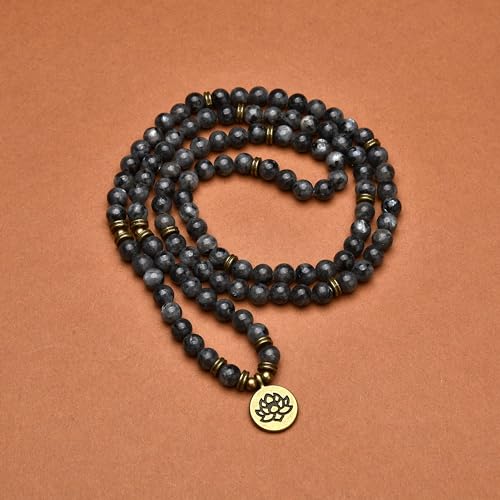 108 Healing Mala Beads Bracelet or Necklace with Gold Lotus Charm - style: Labradorite
