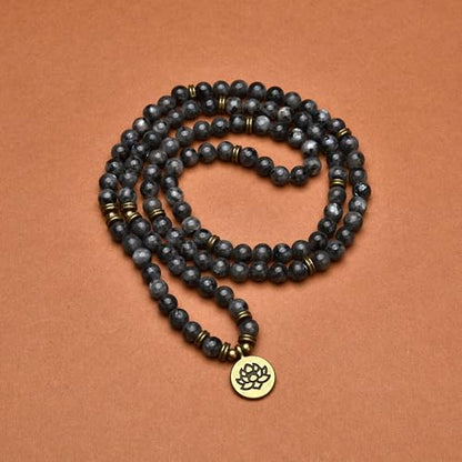 108 Healing Mala Beads Bracelet or Necklace with Gold Lotus Charm - style: Labradorite