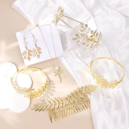 NICEIGHT 7Pcs Greek Goddess Costume Accessories for Women Gold Greek Leaf Crown Upper Arm Cuff Artificial Leaf Drop Earrings Necklace Golden Laurel Leaf Bridal Hair Comb for Wedding Cosplay Party - color: Gold-B