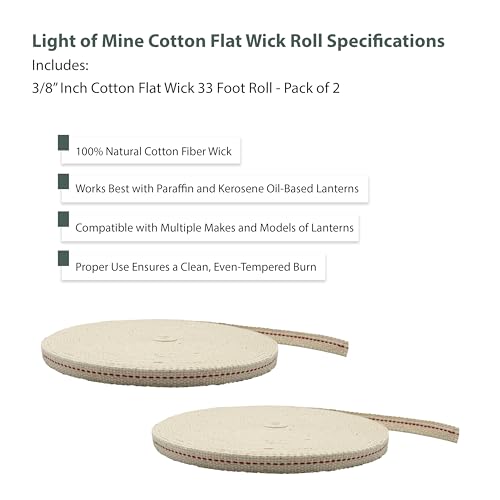 Light of Mine - 3/8" Inch 33' Foot, 100% Cotton Flat Wick - 2 Pack for Paraffin Oil, Kerosene Based Lanterns, and Oil Lamps with Genuine Red Stitch (3/8" - 33' Roll, 2pk) - size: 3/8" 33 foot - 2 Pack