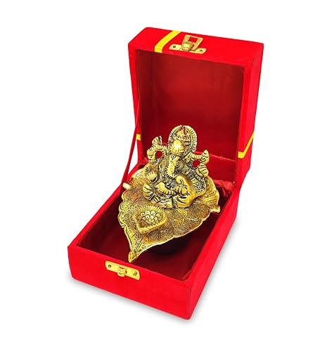 NOBILITY Ganesha on Leaf Gold Diya Oil Lamp Statue Idol with Red Gift Box Pooja Items Diwali Decoration Puja Gifts Handmade Oil Lamp Traditional Indian Deepawali Gift Items - color: Ganesh Diya Gold with Red Box, size: Pack of 1