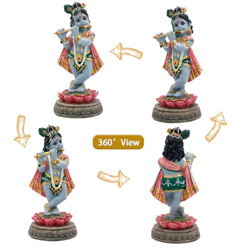 alikiki Hindu Krishna Idol Statue - 5.7”H Indian God Lord Krishna on Lotus Playing Flute India Murti Item Home Office Temple Mandir Shrine Altar Pooja Decor Diwali Puja Gifts for Indian Friends