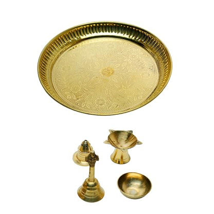 Decorative Brass Pooja Thali Set of 5 Pcs Brass Pooja 1 Plate with 1 Bowl 1 Diya 1 Bell and 1 Incense Stand for Indian Traditional Festival New year Decorations Temple Home Bhog Set (Thali Size:-7") - size: 7" Inches-1