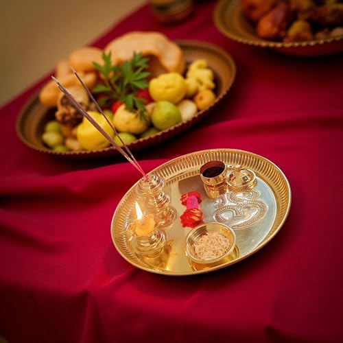 Brass Puja Thali Set Pooja Plate with Bowl, Diya, Kumkum & Incense Holder (Dia 8 inch)