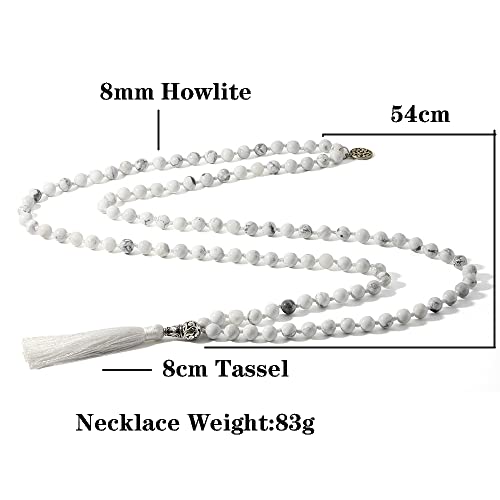 108 Mala Prayer Beads Necklace Natural Stones Meditation Yoga Jewery 108 Hand Knotted Japa Mala Beaded Long Tassel Necklace with Tree of Life Pendant for Men and Women - color: 8mm Howlite