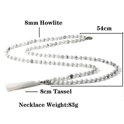 108 Mala Prayer Beads Necklace Natural Stones Meditation Yoga Jewery 108 Hand Knotted Japa Mala Beaded Long Tassel Necklace with Tree of Life Pendant for Men and Women - color: 8mm Howlite