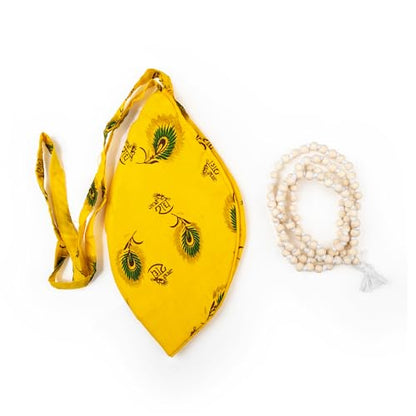 Set of Beads Mala and Cotton Gomukhi Japamala Bag Radhe Printed Japa Bag Jholi Prayer Chanting or Storing Bag Combo of 2 Pooja Items for Daily Mantra Jaap Meditation and Gifting (Kanha Japmala Set) - color: Kanha Japmala Set