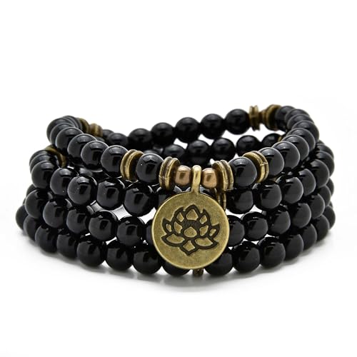 108 Healing Mala Beads Bracelet or Necklace with Gold Lotus Charm - style: Black Agate