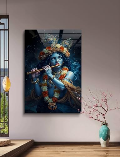 Divine Krishna Playing the Flute Glass Wall Art, Mystical Hindu God Tempered Glass Print, Spiritual Wall Decor, Indian Mythology Modern Artwork, Ready to Hang Meditation Room Decor, Ultra Large Size Options, Unique Housewarming Gift (27.5" x 43.3" İnches)