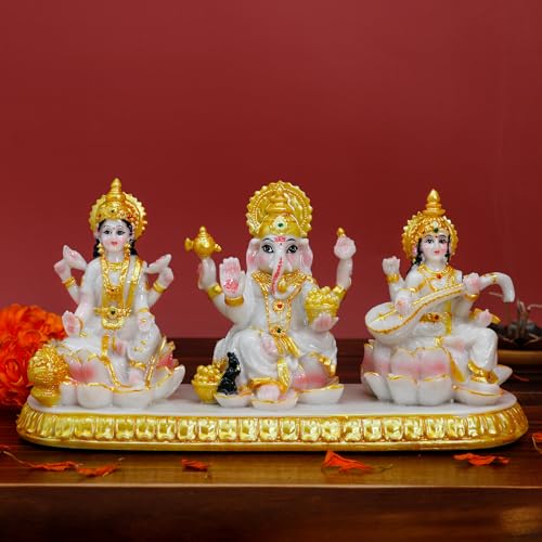 Indian Ganesha Lakshmi Saraswati Statue - 3.9”H Hindu God Ganpati Laxmi for Car Dashboard Decor India Murti Diwali Pooja Gifts for Indian Family Frined Home Office Temple Mandir Altar Puja Item
