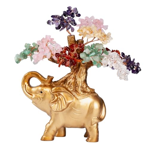 7 Chakra Crystal Money Tree on Gold Mini Elephant Statue, 10”Gemstone Bonsai Tree of Life Home Décor Gifts for Wealth Positive Energy, Feng Shui Décor - color: Multicolor, size: 10 inches Tall