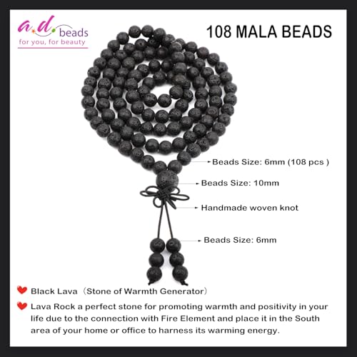 AD Beads 6mm 8mm 108 Prayer Mala Jasper Elastic Bracelet - Handmade Yoga Meditation Healing Power Energy Gifts for Unisex Adult. - color: Black Lava(Warmth)