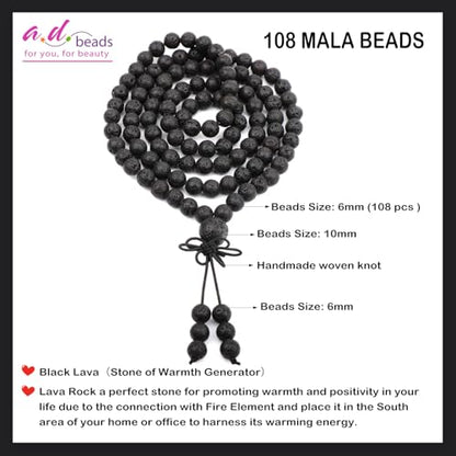 AD Beads 6mm 8mm 108 Prayer Mala Jasper Elastic Bracelet - Handmade Yoga Meditation Healing Power Energy Gifts for Unisex Adult. - color: Black Lava(Warmth)