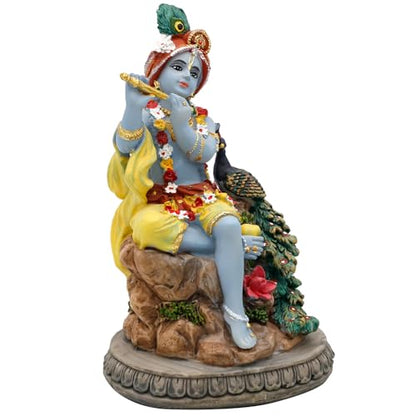 alikiki Hindu God Krishna Statue - 5.5”H India Lord Krishna Idol Play the Flute w/Peacock Murti Item Home Office Temple Mandir Shrine Altar Pooja Decor Diwali Puja Decor Gifts for Indian Friend