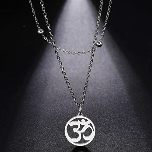 Women OM Necklace Indian Yoga Aum Om Ohm Pendant Necklace Stainless Steel Hindu Meditation Charm Sanskrit Symbol Spiritual Amulet Jewelry for Women Men - color: Layered-S