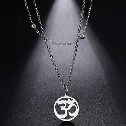 Women OM Necklace Indian Yoga Aum Om Ohm Pendant Necklace Stainless Steel Hindu Meditation Charm Sanskrit Symbol Spiritual Amulet Jewelry for Women Men - color: Layered-S